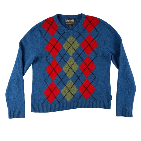 Vintage Abercrombie & Fitch Sweater Mens L Blue‎ Argyle V Neck Wool Long Sleeve